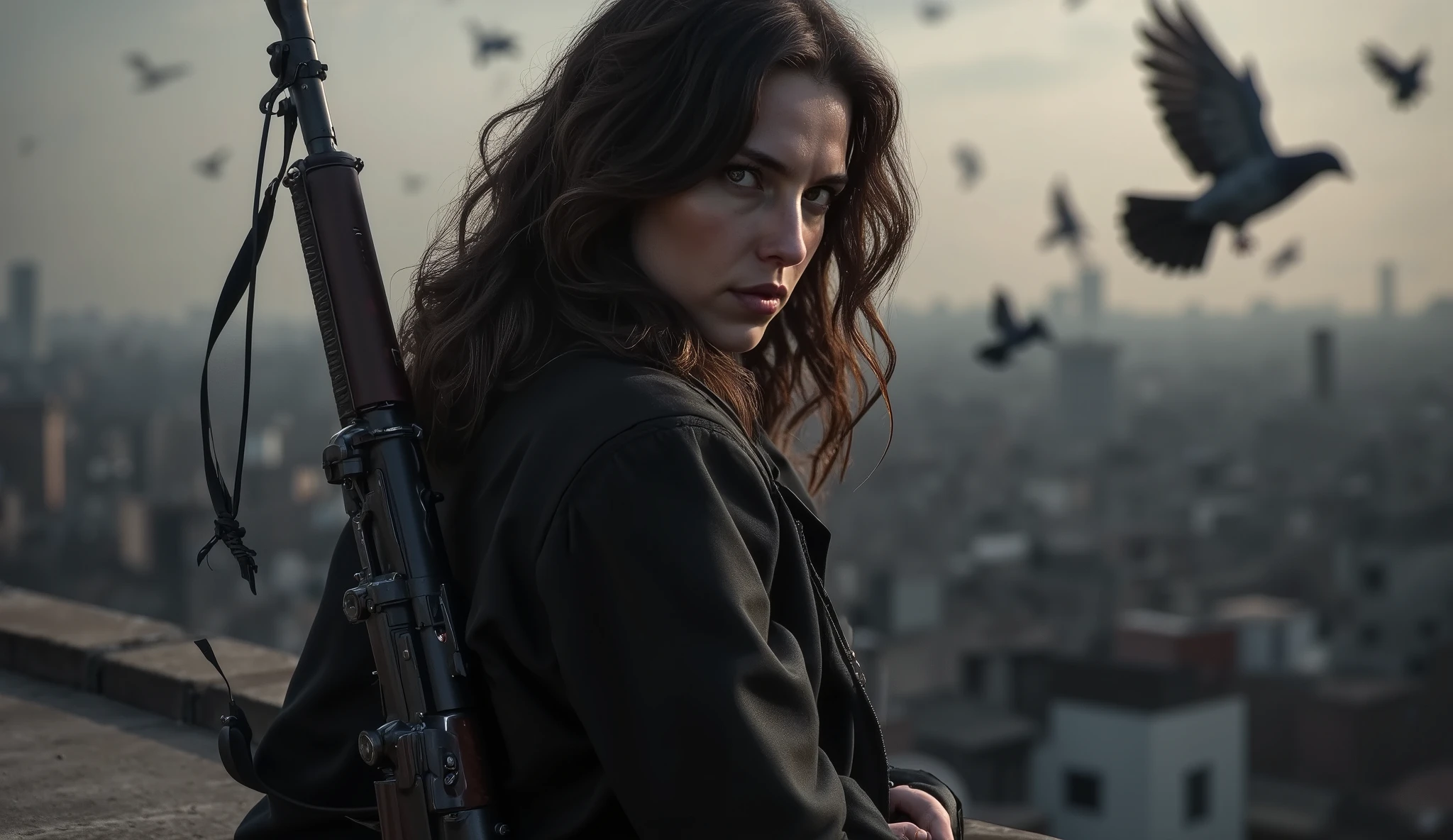 Side shot of Luce, full body, standing firmly on the edge of the rooftop. Her face is partially lit by the last light of day. The rifle hangs at her side, heavy, unused. In the background, the distant city fades into fog. Pigeons fly past her silently. The world seems paused around her presence. Soft cinematic camera movement, dramatic light on her cheekbone and eyes, gothic western palette.