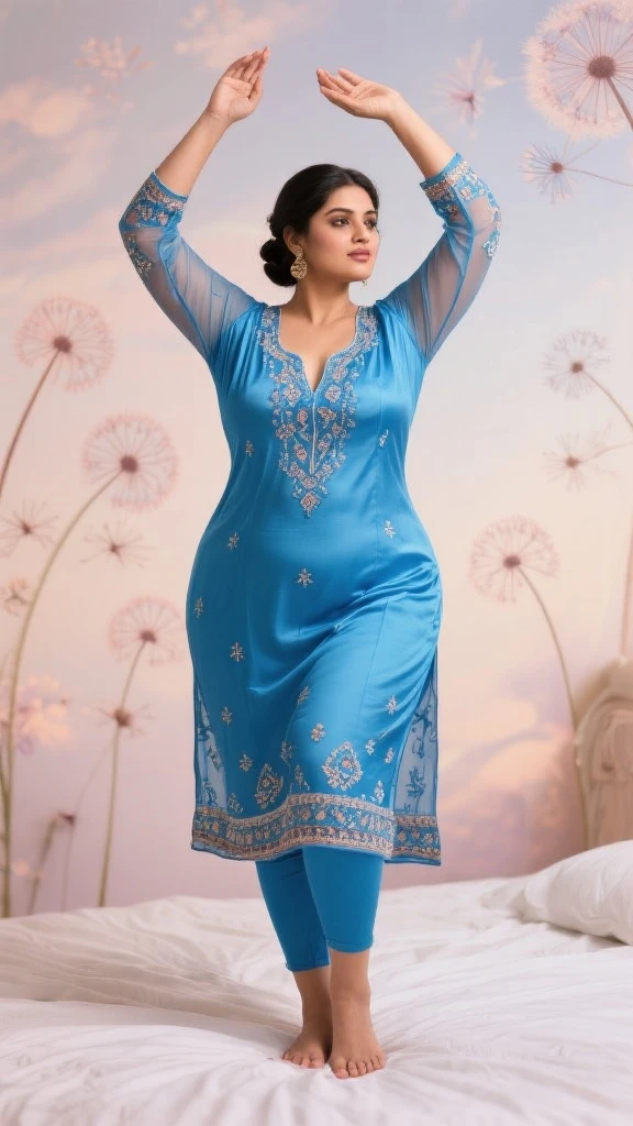Day scene, A radiant, full-figured South Indian 3 aunty a navy blue colour chiffon fully transparent kurta, bra visible through kurta, ,standing, in a office captured in a full-body image with vibrant hues and meticulous details. Full body image