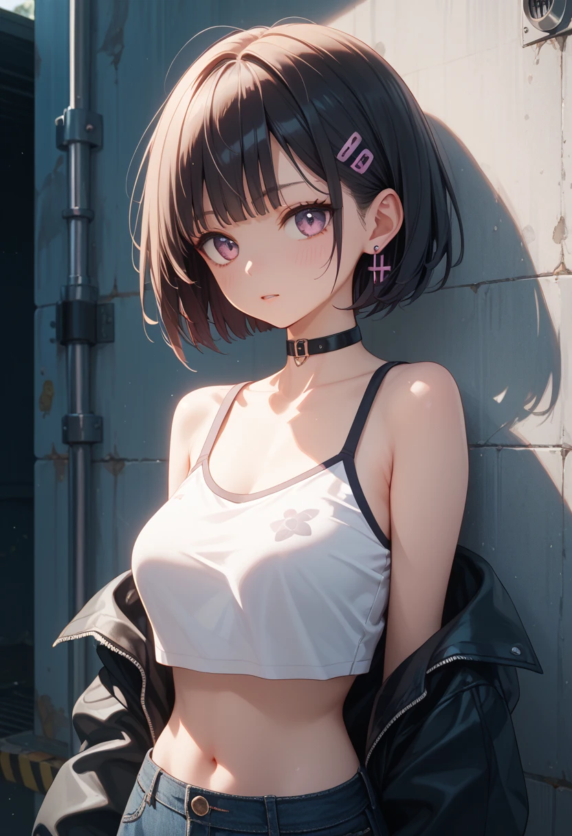((highest quality)),(ultra high resolution),(Super detailed),(detailed description),((best CG)),(best work of art),super precision art,amazing drawing art,(Fashion art with precise details:1.5), (Adult Female 1.6),(off shoulder crop top tube top:1.6),(tight mini skirt:1.6),(beautiful and well-shaped face:1.5),(smile:1.6),light makeup:1.4,(Gorgeous short hair detailed and detailed:1.8),(Thin Chain Necklace:1.6), She looks at you in the crowd and smiles