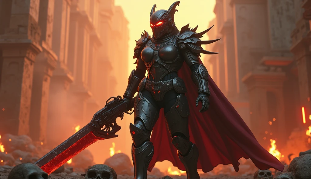 (One Knight Girl)、top-quality、​masterpiece、超A high resolution、(Photorealsitic:1.4)、Raw photo、女の子1人、Fight mutants、（Wear the Dark Knight's Armor）、glowy skin、(((Dark Fantasy)))、With a beautiful sword and shield、（Black Metal Bodysuit）、(Fight goblins、ogre、Fierce battle with orcs),（Fight fiercely against aliens）、Fight fiercely、(Skeleton collective background),(Background of decaying dungeon ruins)、（Skeleton helmet）、(Fighting Demonic Beasts)、(Small LED)、((super realistic details))、portlate、(Strong giant demon beast background),globalillumination、Shadow、octan render、8K、ultrasharp、Colossal tits、Raw skin is exposed in cleavage、metals、Details of complex ornaments、Japan details、highly intricate detail、Realistic light、(Mystical expression),CGSoation Trends、Red Eyes、radiant eyes、Facing the camera、neon details、(Mechanical limbs)、(blood vessels connected to tubes)、()、Gundam、Small LED、Toostock、（Fight aliens on another planet）、（Attack of the Monster Beasts）、（Wounded in a deadly battle）、
