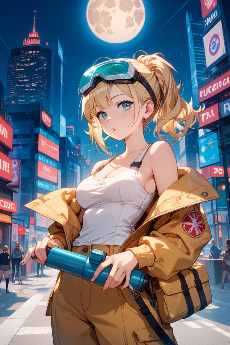 (masterpiece, best quality:1.2), solo, 1girl, jsrfgum, slight smile, looking at viewer, crossed arms, helmet, short dress, cityscape scenery <lora:jetsetradio_future_gum-11:1>