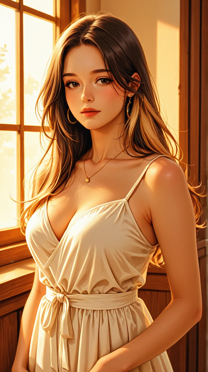 (masterpiece:1.2, best quality), (22 years old Spanish woman), medium breast, golden brown flowing hair glamour, (green eyes), beautiful face, leaning forward, facing viewer, from below, white shirt, black pants, ?????? slip, down blouse, embarrassed, blush, ^ ^, indoor,  (hair ruffling)