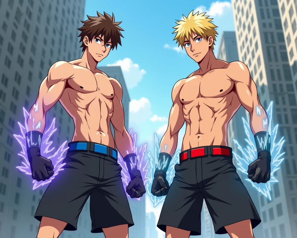 Yellow hair，Students have short hair on their heads，shonen，Red eyes，male pubic hair，tiger teeth，red sport clothing，There are bandages on the hands，devil horns