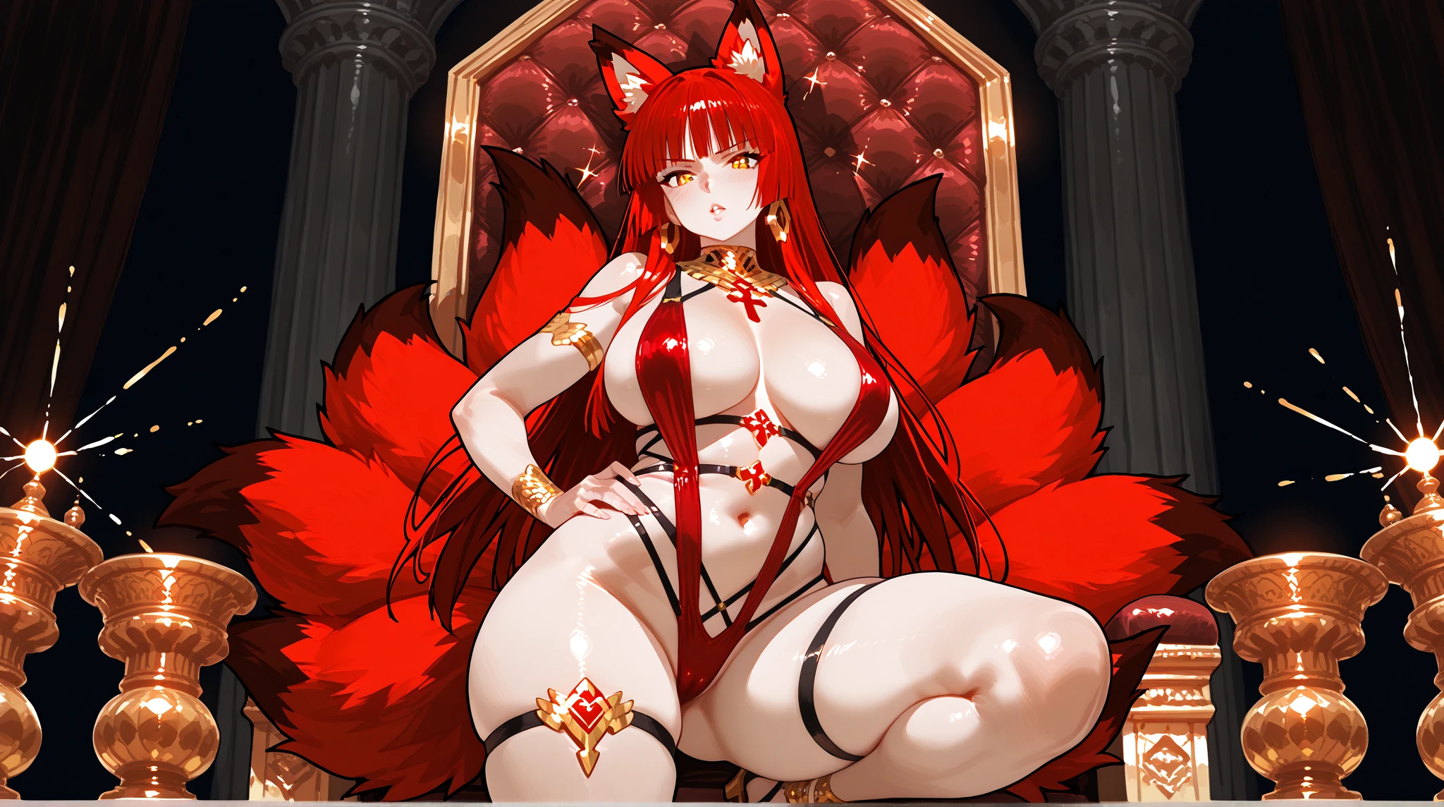 Happy woman, with wolf ears and red hair, holding her cheeks, wolf tail, wearing a latex dress, looking at veiwer, full body, you can see her chest, naked breasts
