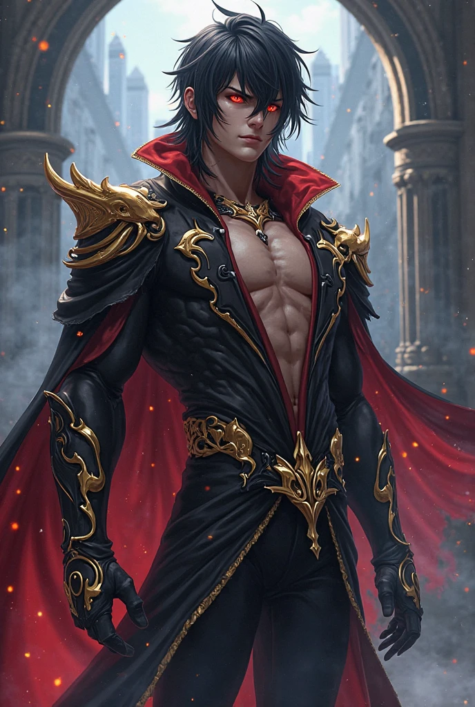 Photorealistic half body 1 young man.,elegant,tall and strong,Perfect male figure, eyes looking at the camera, ((tanned skin)),red background moon,primitive,Black hair falling disheveled over his forehead and the tops of his ears and in waves at the nape of his neck, semi long hair ,serious expression. With a black tunic fitted to his body in black, long sleeved fitted, celestial, bulge. Eyes fixed on the camera, stare, serious. Red eyes with silver flecks. marked jaw. red eyes. Ropa medieval masculina elegant. High birth.