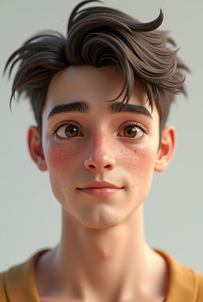 A boy with white skin tone... Little bit beard on his chin only... Teenager... Black eyes... Little skinny... European.. black and small hair... 
