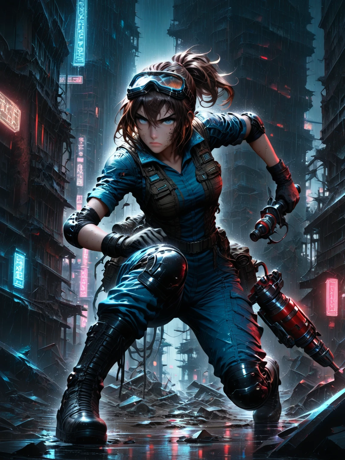 Br1n3,1girl, solo, futuristic, sci-fi, urban, city, cityscape, crumbling ruins, old architecture, neon lights, glowing, dark, low light, rain, wet, street, rubble, debris, full body, medium shot, action pose, looking at viewer, serious, determined, grimy, dirt on face, short hair, ponytail, brown hair, goggles, on head, practical clothes, work uniform, jumpsuit, armored, elbow pads, knee pads, boots, heavy boots, gloves, tool, drill, weapon, blaster, tech, detailed, intricate, sharp focus, high resolution, cinematic lighting, dramatic lighting, volumetric lighting, depth of field,