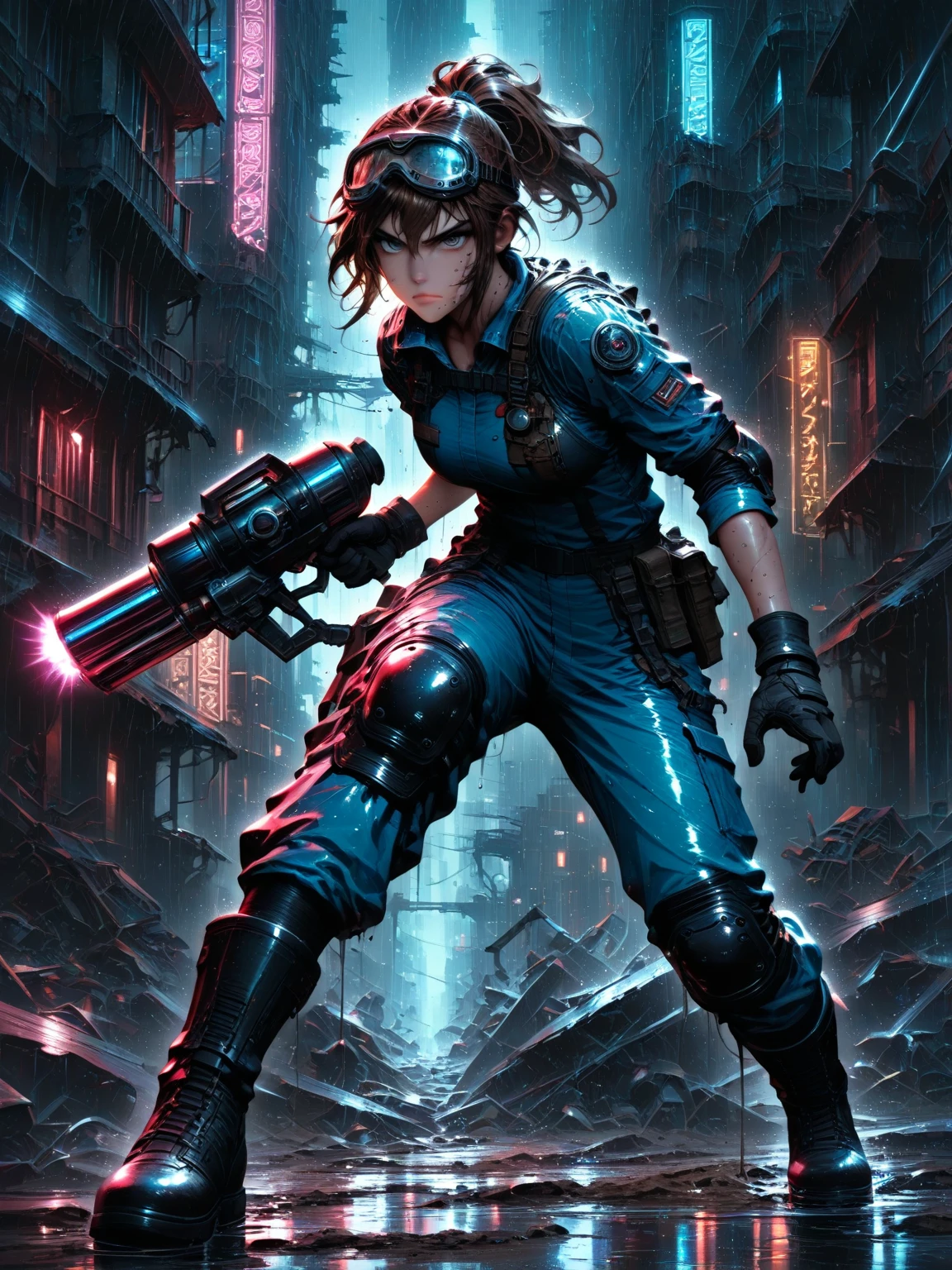 Br1n3,1girl, solo, futuristic, sci-fi, urban, city, cityscape, crumbling ruins, old architecture, neon lights, glowing, dark, low light, rain, wet, street, rubble, debris, full body, medium shot, action pose, looking at viewer, serious, determined, grimy, dirt on face, short hair, ponytail, brown hair, goggles, on head, practical clothes, work uniform, jumpsuit, armored, elbow pads, knee pads, boots, heavy boots, gloves, tool, drill, weapon, blaster, tech, detailed, intricate, sharp focus, high resolution, cinematic lighting, dramatic lighting, volumetric lighting, depth of field,