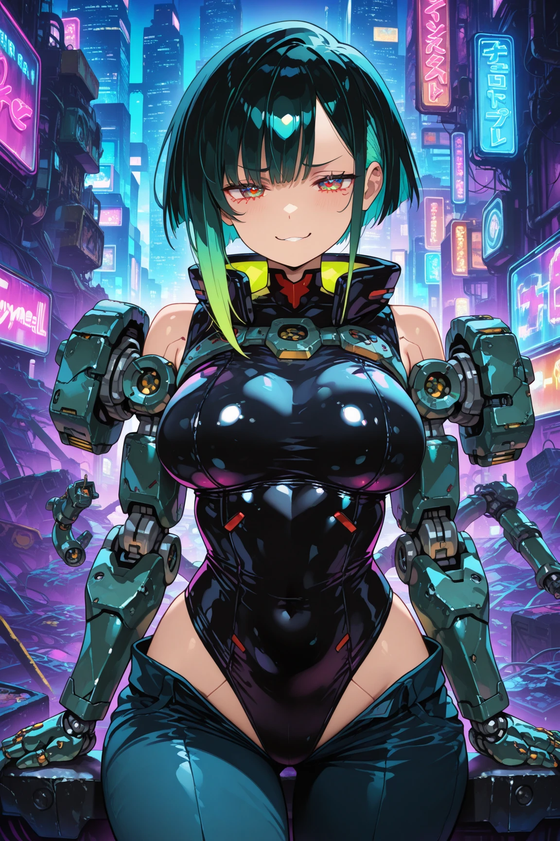best quality,4k,8k, highres, masterpiece:1.2), extremely detailed eyes, extremely detailed body, (large masterpiece digital art), (detailed manga illustration), (detailed line art), ((perfect anatomy)), (intricate details:1.3), (ultra-detailed:1.3), (illustration:1.3), (sharp focus:1.3), (natural lighting:1.05), (vivid colors:1.3), (masterpiece), (best quality:1.4), (perfect anatomy:1.4), high quality, expressive eyes, full body, tall girl, detailed face, beautiful face, perfect face, breasts, cleavage, gloves, huge breasts, cyberpunk, (black armor), short hair, ((pale skin)), messy hair, detailed (dark blue hair), honeydew hair, multicolored hair, detailed eyes, (amber eyes), hourglass physique, mecha musume, fortified suit, mechanical parts, headgear, robot joints, bodysuit, deva battle suit, gloves, thick thighs, toned, emblem, superhero, dynamic lighting, 4k resolution, dynamic pose, weapon, energy weapon portrait, Jeff Bridges, ((cartoon style)), Marvel Cinematic Universe style, (((sci-fi city in the background))), soft bokeh of futuristic city, Atey Ghailan, Jeremy Mann, Greg Manchess, Antonio Moro, trend in ArtStation, trend in CGSociety, Intricate, High Detail, Sharp focus, dramatic and photorealistic painting art by Midjourney and Greg Rutkowski, bokeh in the background