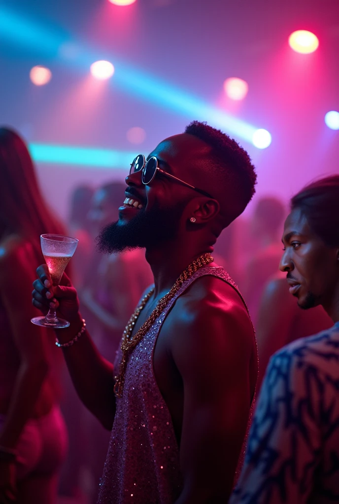 Handsome curly hair model boy with tattoos, at the disco drinking, 4k cinema camera