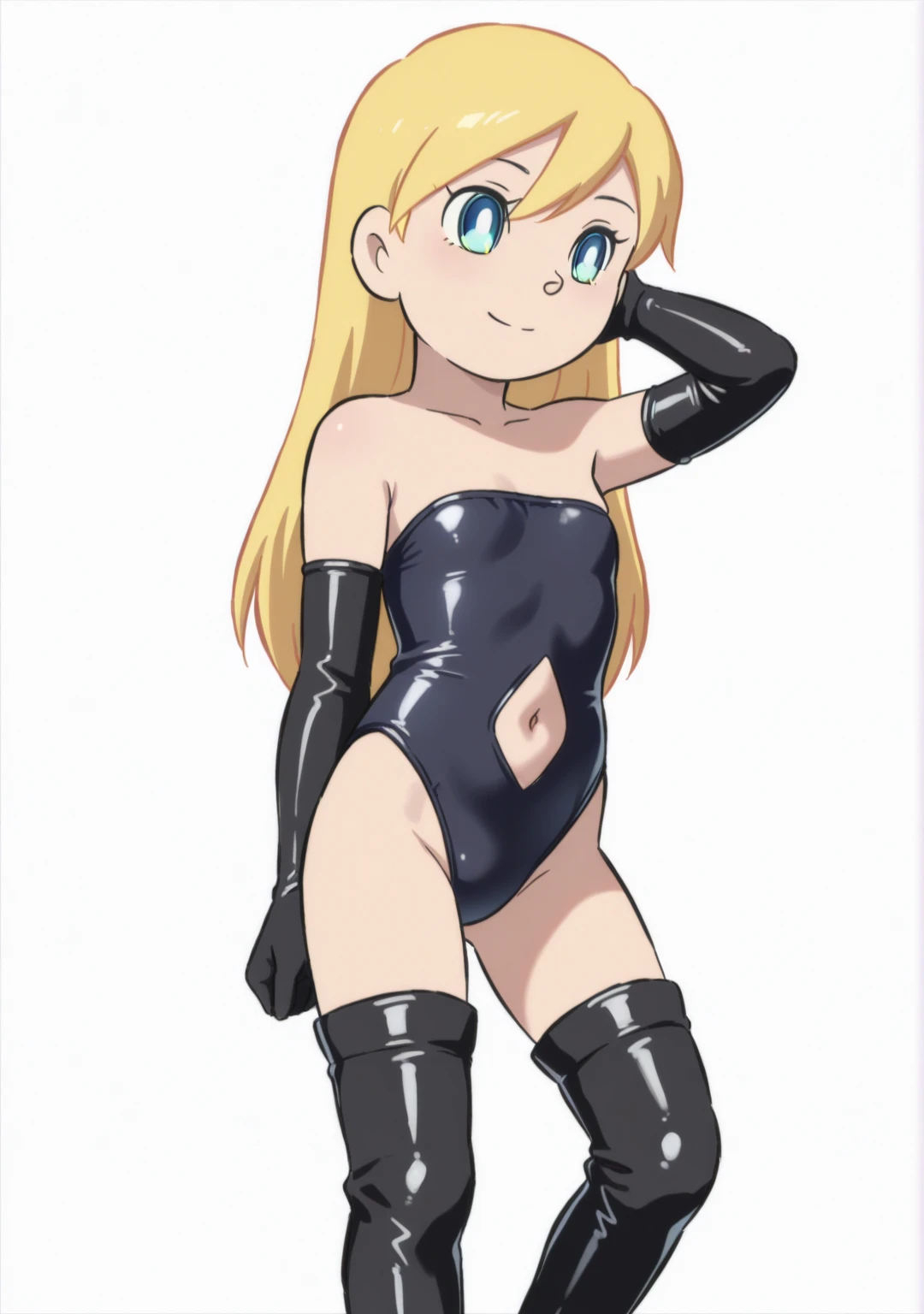 score_9, score_8_up, source_アニメ,Kaoruko Tenkawa, long hair, blue eyes, blonde hair, bow, hair bow, yellow bow,Micro Bikini,1girl,shiny skin,latex,white background,Erect nipples,Reverse Bunny Suit,High heels,shiny skin,Slime,Bukkake,Pussy juice,Estrus,Used condom belt,Fallen into evil