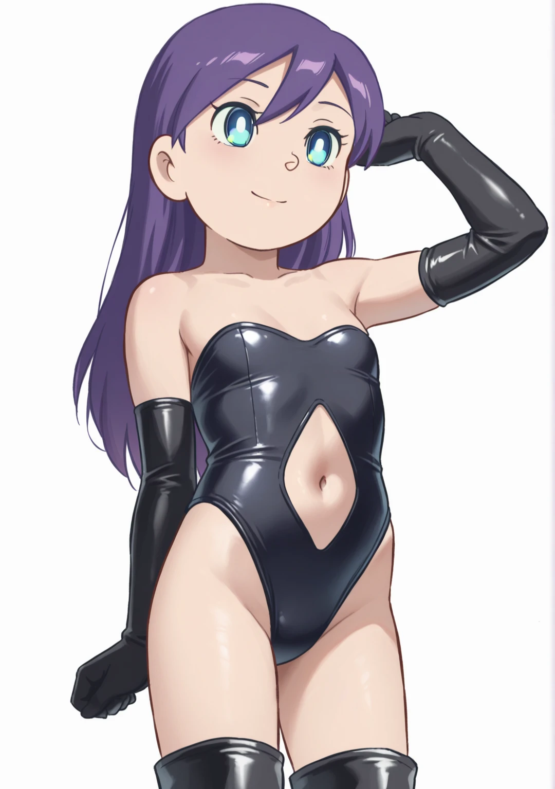 masterpiece, Best quality, 1 Girl, purple hair, long hair, eye patch, Purple eyes, in a swimsuit,