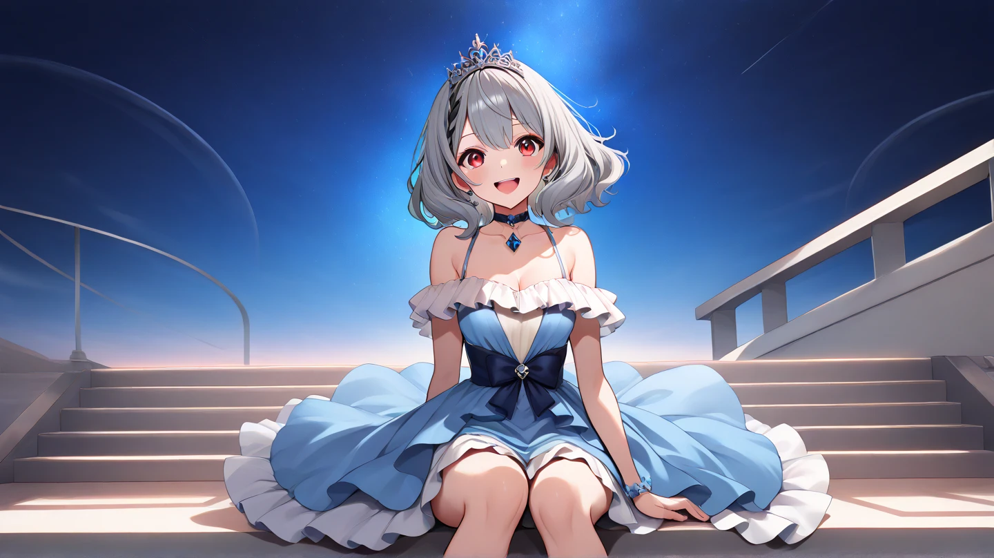 Light blue hair、Short Bob、Deep green eyes、Small breasts、25 years old,I live in a castle made of ice。She is wearing an ice-colored dress, high heels and a crown.、Calm expression、Eating shaved ice