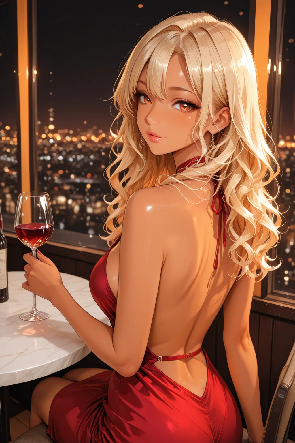 1girl, solo, bangs, long blonde hair, parted lips, medium breast, gold eyes, long hair, smile, solo, Women's red Satin Sleeveless Spaghetti Strap Mini Dress Sexy Slip Cowl Neck Silky Cocktail Party Dress, sitting on the balcony, midnight cityscape background, back facing the camera