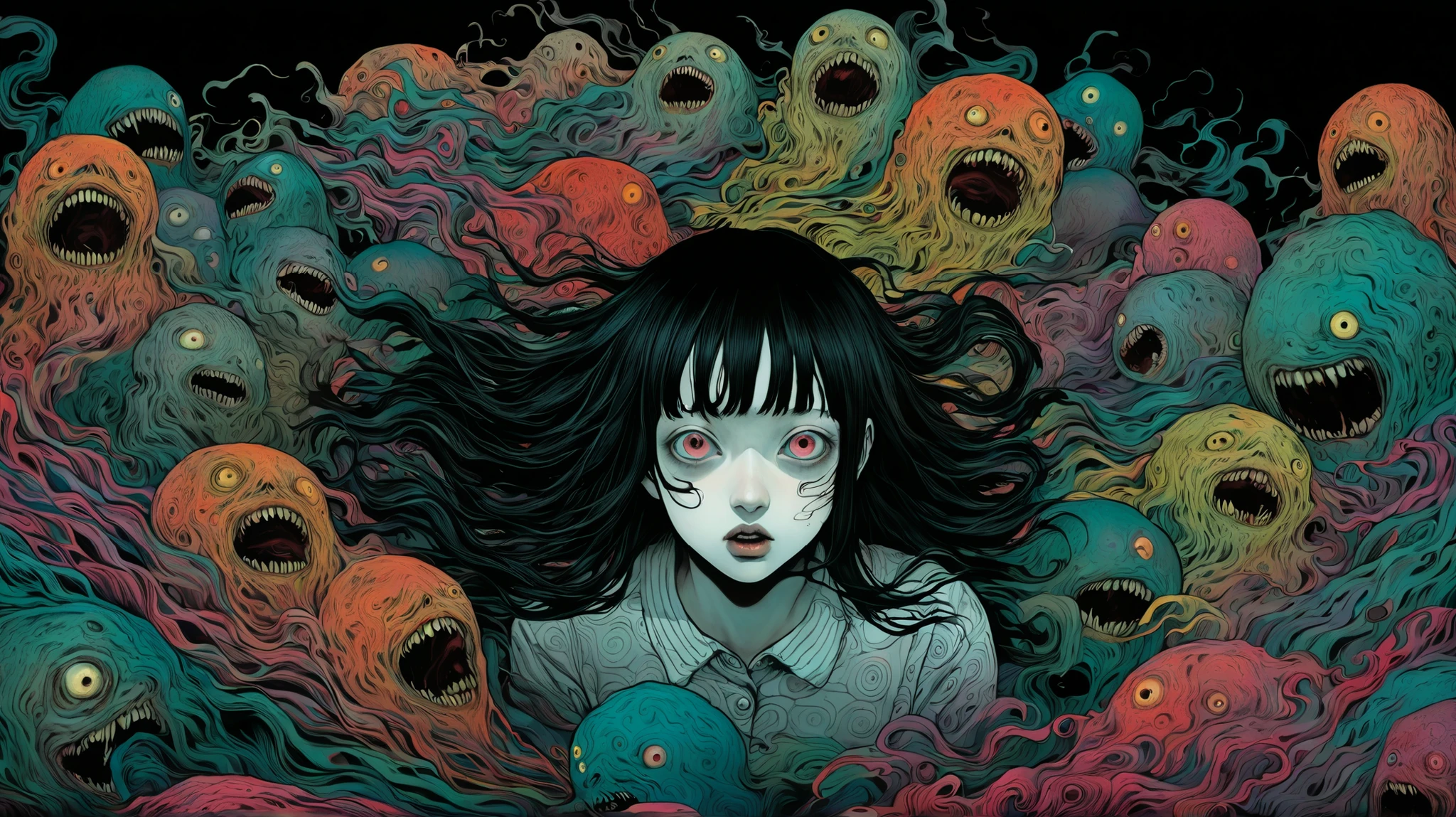 horror-themed lovecraftian horror Junji Ito, Raw digital photo, Film Washi, "The Frost of (80s style:0.65) (hand drawn, anime:1.2) (girl:0.8) , analogue vhs distortion, intricately detailed linework, vibrant colors", Hisui Sugiura, Intricate and vivid depiction of Junji Ito's work in film form. The artist's signature style is evident throughout, from the detailed linework and vibrant colors to the subtle analogue VHS distortion. The image captures a girl in her natural habitat, surrounded by intricate details that bring the scene to life. The overall effect is a stunning representation of Ito's unique vision. Hisui Sugiura Assistant has done an excellent job in capturing the essence of this iconic artist's work. The image is a true masterpiece.  . eldritch, cosmic horror, unknown, mysterious, surreal, highly detailed . eerie, unsettling, dark, spooky, suspenseful, grim, highly detailed