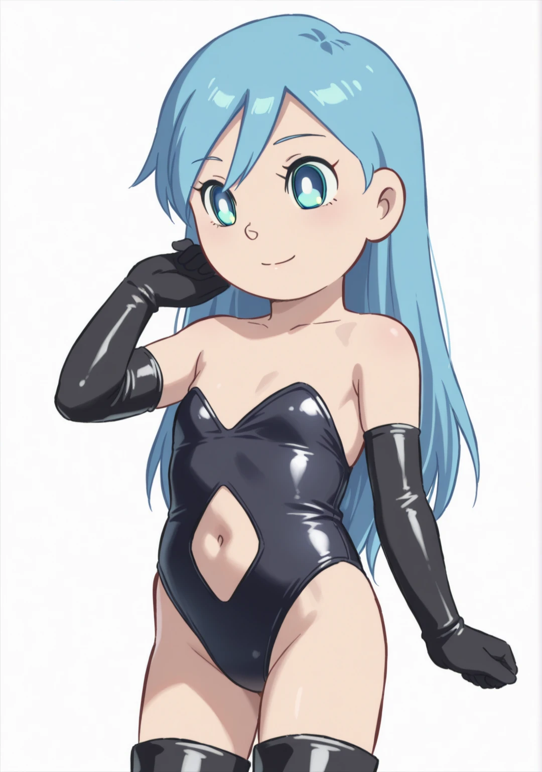 score_9, score_8_up, score_7_up, perfect face, perfect eyes, 1 girl, medium breast, blunt bangs, twintail hairstyle, smug face, hands on hips, latex clothes, latex shorts, thigh highs, exposed shoulders, in a room
