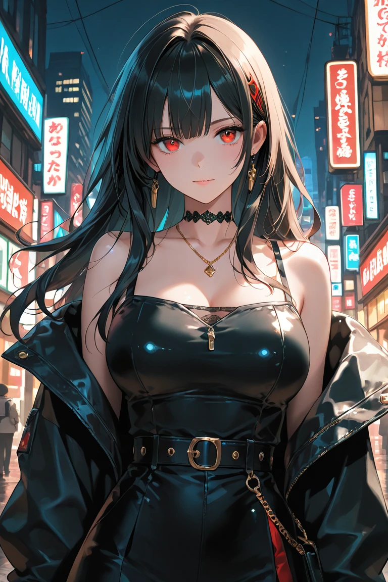 woman、Plump body、Red Eyes、Detailed eye depiction、Black Hair、Detailed hair depiction、Detailed facial expression depiction、Steampunk costumes、Black clothes、night、indoor、Moonlight from the window、