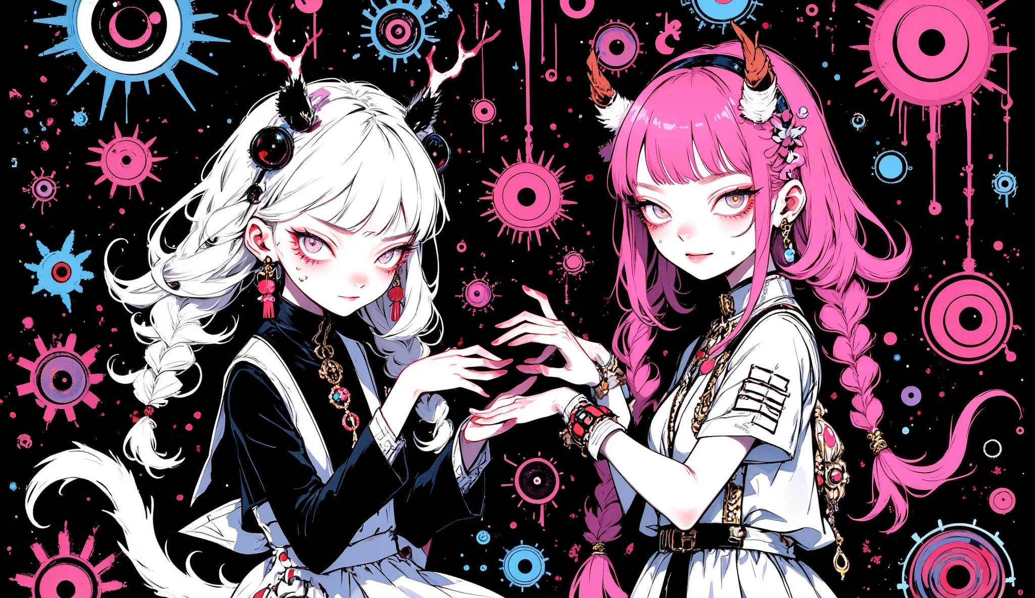 1girl\(cute,chibi, adult, kawaii,small ,pink hair,detailed pupils, wearing dress\(alice in wonderland\),whitemouse girl, (cosmic red eye),mouse ear\(cute earrings\),cute collar,big eyes,smile,eating cake,cute pose,wink,furry,anthro,dynamic angle\),(background\(simple,cute,cute sign symbol, starry), masterpiece, high score, great score, very aesthetic, high resolution, ultra-detailed, absurdres, newest,DIGITAL ILLUSTRATION, DIGITAL ART, DIGITAL PAINTING, DIGITAL DRAWING,FLUO COLOR, FLUORESCENT, GLOW,BY NIGHT, DARK BACKGROUND, PSYCHEDELIC BACKGROUND,ANIME