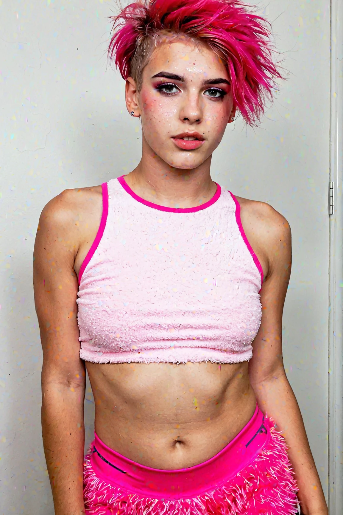 A 16 y.o. trashy girl, ginger girl, very pale skin , very bulging eyes, very thin girl, backlighting,(pink hairpins in her hair) and two pigtails, one on each side of the head,nose ring piercing, sun, backlighting, very pale skin full of freckles, very bulging eyes, ginger hair, very very very thin legs and very very very thin arms, swimming gracefully at abandoned city ruins in the background, sun, serene and mysterious atmosphere, 8k, vibrant colors, cinematic lighting, photorealistic, concept art style
