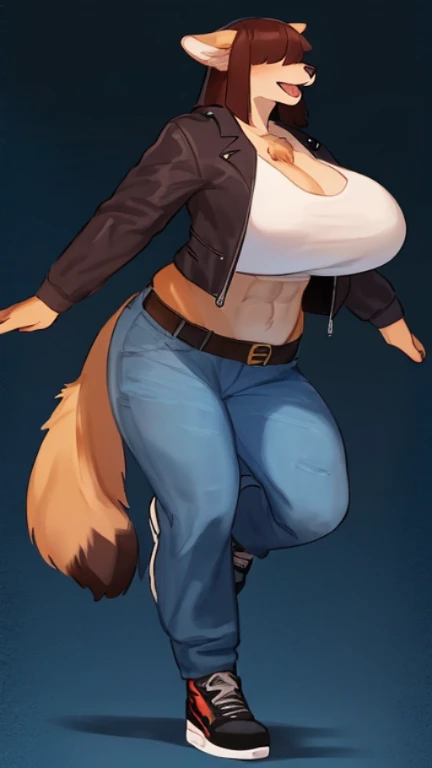 8k, (masterpiece), (highly detailed), (solo:1.5), (fox:1.2), female, blue eyes, dark hair, smiling, friendly, (large breasts:1.1), cleavage, buff, bulky, chubby, bara, muscular, brawny arms, hands on hips, cowboy boots, standing on grass, full body, broad shoulders, tank top, (jeans:1.4), standing upright, farm backdrop, summer, brightly lit, (by darkgem:1.2), (by zaush:0.4), by meesh, by kevinsano,