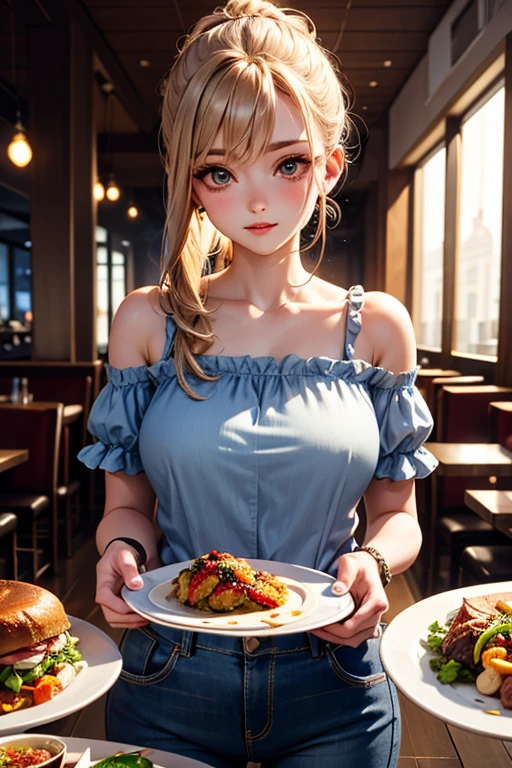 decoration, wears a ruffled shirt,  shoulders, denim pants, long pants, sentdecoration, food table, in the restaurant, pov enamordecoration, ultra-quality, high detail costume, best quality, detailed image, (resolution 8k).