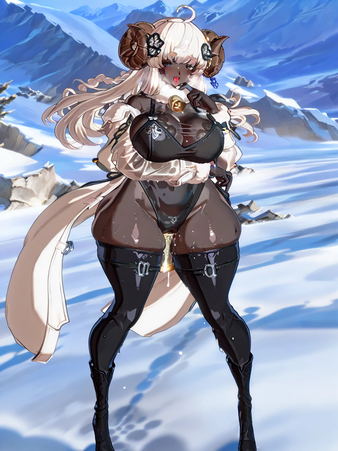female drow elf blue pale skin full body whole body 1sologirl loincloth standing warrior proud expression, hands on hips, loincloth standing, hands on hips, metal sandals, leather choker with golden bell bellybutton navel, leather corset, big belt, view from below, feet together, bracers, tiara, barefoot no shoes, looking to viewer straight symmetrical, solo girl looking to the camera, cow bell choker leather collar choker neck bell, golden necklace, metal sandals, black and white bikini (cow pattern black and white dots) black thigh highs