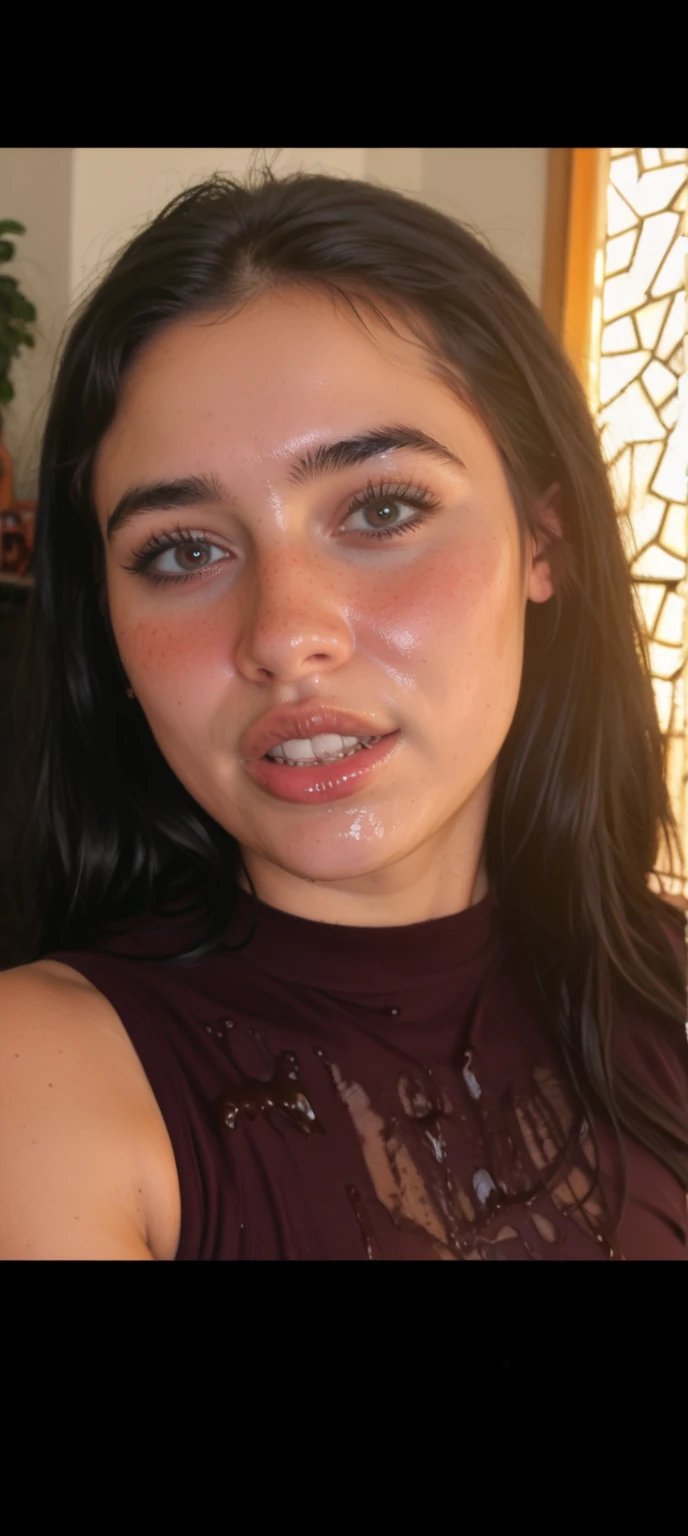 Young beautiful sweet Bogor city girl, 22 years old, mixed  descent from sundanese and Javanese, slim body, greek nose, sweaty neck  short messy hairs with a bangs, nubian nose, georgeus sweet face, very dense hairs under her stomach are visible, her hairy vagina are exposed, very realistic, very detail, no cartoon, normal all fingers shape, wearing white lacy panty, wearing white bra, half naked, semi nude, office girl, shy and frightened  girl, standing weak lean chained to the wall open wide legs being having tortured,  she being has investigation, full painfull tormented redish face, turned upside down wet and crying eyes in pain, raised head,  no smile,  geting very hard electrical punishment at her head, open wide mouth to feel electrocuted hurt, all her office clothes lying on the floor, both her hands tied  on her head, sweat on al her skins and hairs, sweat flowing down on her face, front view,