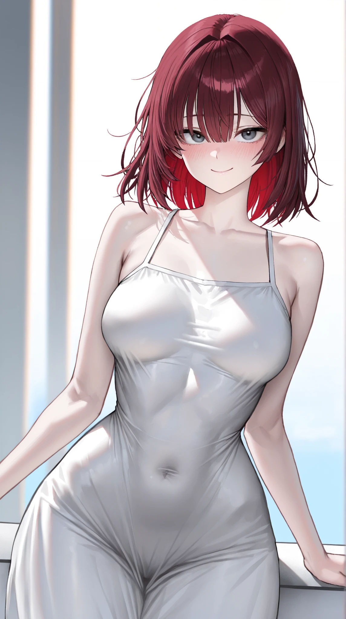 (Woman standing crossed in red and white costume with arms crossed)、Gainax Anime、Aim for the top!、Noriko Takaya、taking photographs Haruhiko Mikimoto、(Background universe)、heroine、kawaii、Beautiful eyes、ful body、outer space、Limbs long、Good balance、(Red haired、short haired)