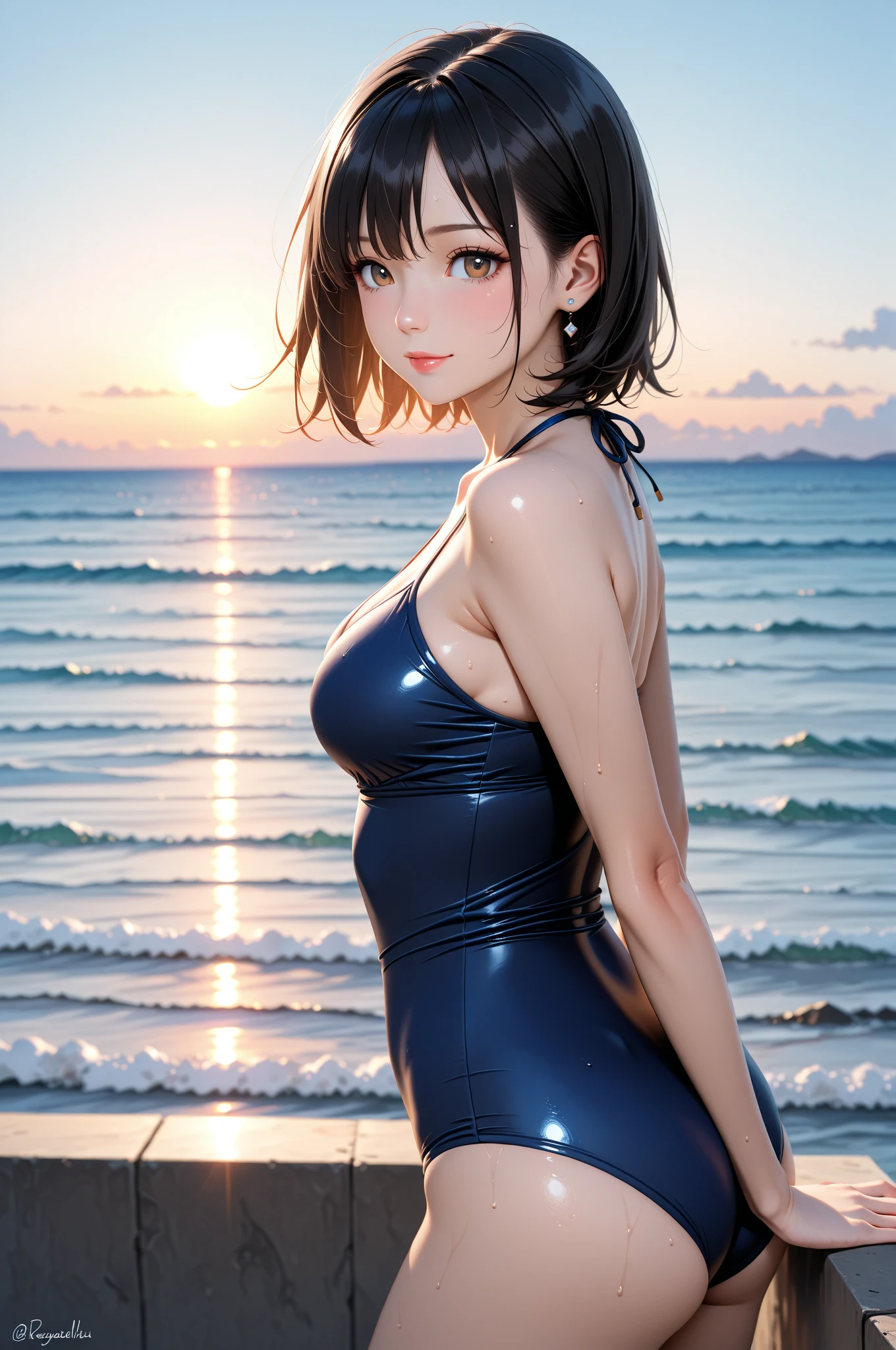 ate, short black hair with blue highlights, gazing at viewer, blue colored eyes, perfectbody, cosplay sailor mercury, (( fully body, )), sensuous, beachfront, sunset, Calm Sea. going, looking at the viewer, Grinning, shy, smiley, full blush, cowboy shot, from behind, from below