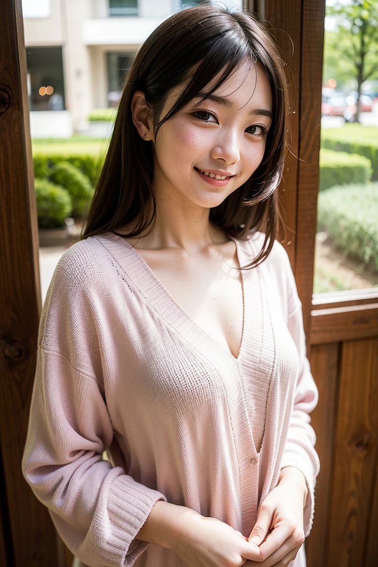 to be born, Highest quality, High resolution, (masterpiece: 1.3), Body Shot, かわいいJapanese女性, masterpiece, Bent body, Big Breasts, Cute face, White skin, Fair skin, Cute eyes, Elegant smile, light makeup, stand in front of a flower shop, Feminine gestures, Elegant expression, Viewers facing each other, Focus on your audience, Wearing a white dress, Pretty dress, Wearing a lilac cardigan, Perfect cardigan, かわいいBeautiful pastel colors, Beautiful pastel colors, at noon, Great lighting, Great sunlight, Bright colors, Ultra-realistic clean lines, Very realistic、Japanese、40 years old、A radiant smile、E cup breasts、Hide your fingers、Accentuate your breasts、Cleavage、Disheveled clothing