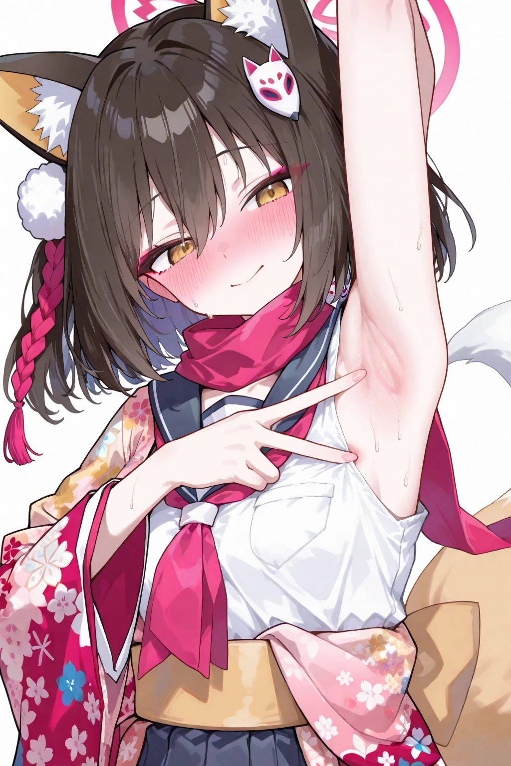 masterpiece, best quality, finely detailed, high resolution, 1girl, short curly brown hair, short pigtails, brown hair, pink eyes, glowing eyes, big eyes, mad face, demon, pink horns, pink and black clothes, frilly clothes, women, thick, huge hips, front view, sexy, angry, mad face, evil face, yellow background, sexy
