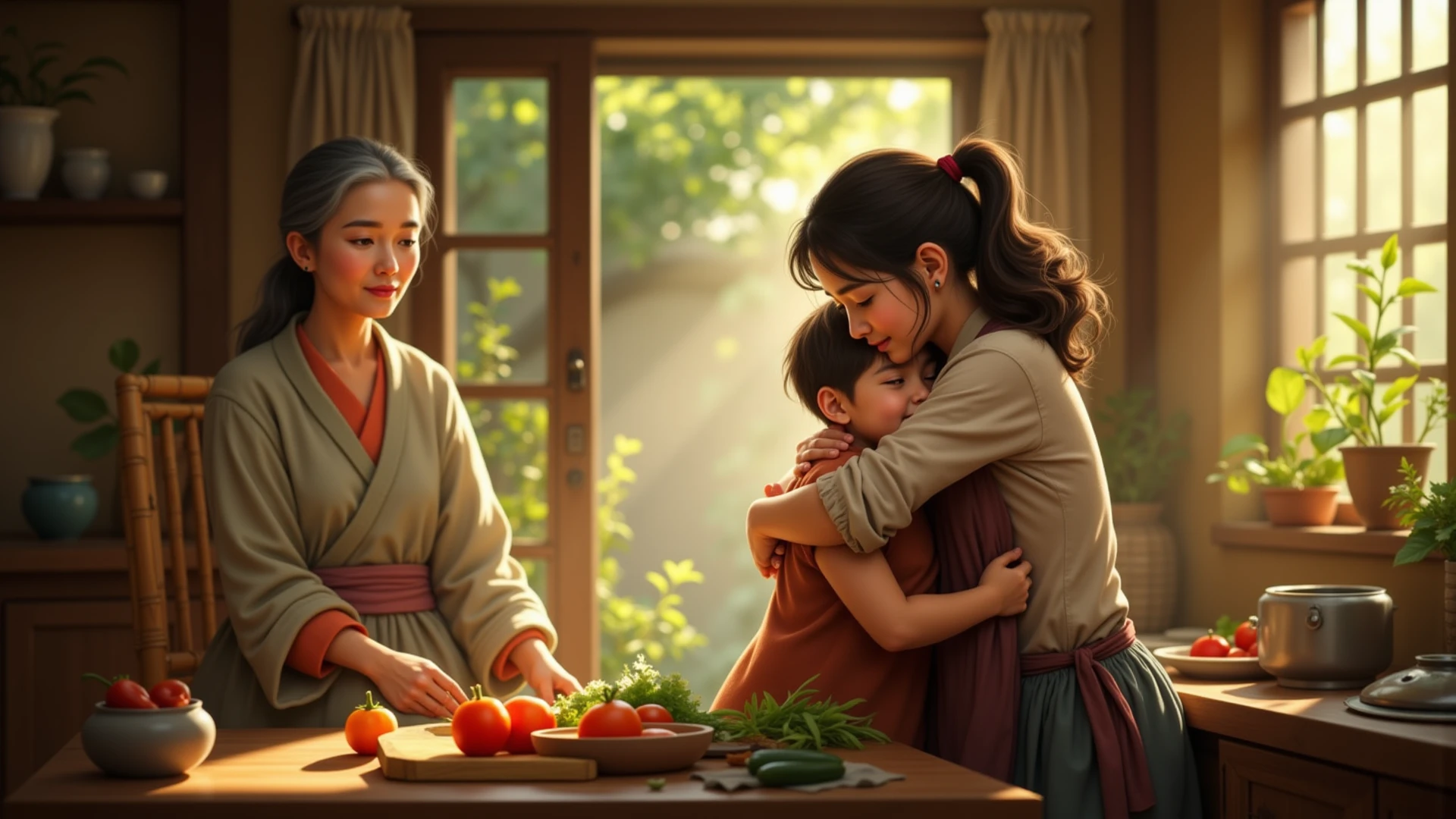 Brown-haired son helping his parents at home and wearing a white robe