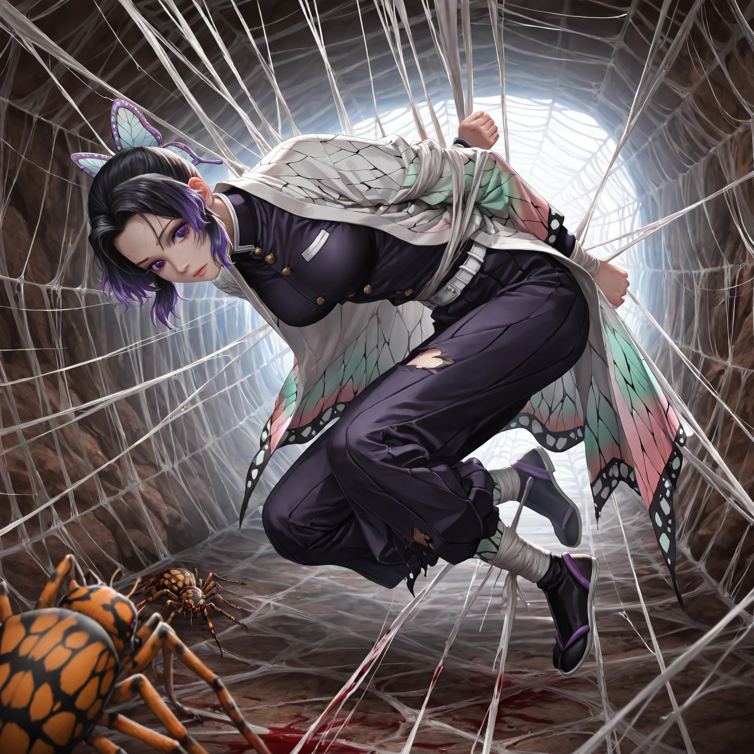 close up, (Upper Body: 1.4), erotic, dramatic pose, ((1 woman: 1.7 )), blue colored hair, (bob cut), ( center part), ((thick hair)), in her 20's, sexy, spider web, tied up, cocoon, bound, ((gagged: 1.4)), (slime) gag, silk, ((arms bound behind back: 1.4)), frightened expression, hyperdetailed face constrained movement, restricted mobility, desperate struggle, bondage, helpless, cocooned, totally cocooned, mummified in web, mummified from head to toe, terrified eyes, cobwebs, detailed spiderweb texture, tangled web, gooey silk strands, ((she is captured by a small green spider, spider is wrapping her up, active spiderweb wrapping, wrapping her up in gooey webs, spider spinning silk, it grips her with its legs, tightly grips her, cocooning her, binding her in webbing: 1.4)), slimy, detailed fangs, sharp fangs, detailed, legs, detailed spiderweb texture, High resolution, very clear, ultra realistic, (((16k, cg, masterpiece))), ultra detailed background, del, from side, atmospheric perspective, from above, super detail, best quality