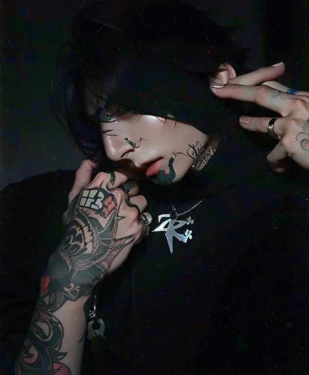 Realistic image of a non-binary person, Sexo fluido, pele clara, cabelo liso, black hair medium length shaved on the side, olhos pretos, camiseta de banda grande, black military pants, All Star Preto, tattoos occult symbols, tatuagem no rosto, friendly expression, symmetrical tattoo on face, piercings, holding a skull in his hand, magia roxo e ciano, dynamic lighting, casting lightning bolts, eletricidade, fogo rodopiante, poder radiante, Sparks, smoke billowing, magia