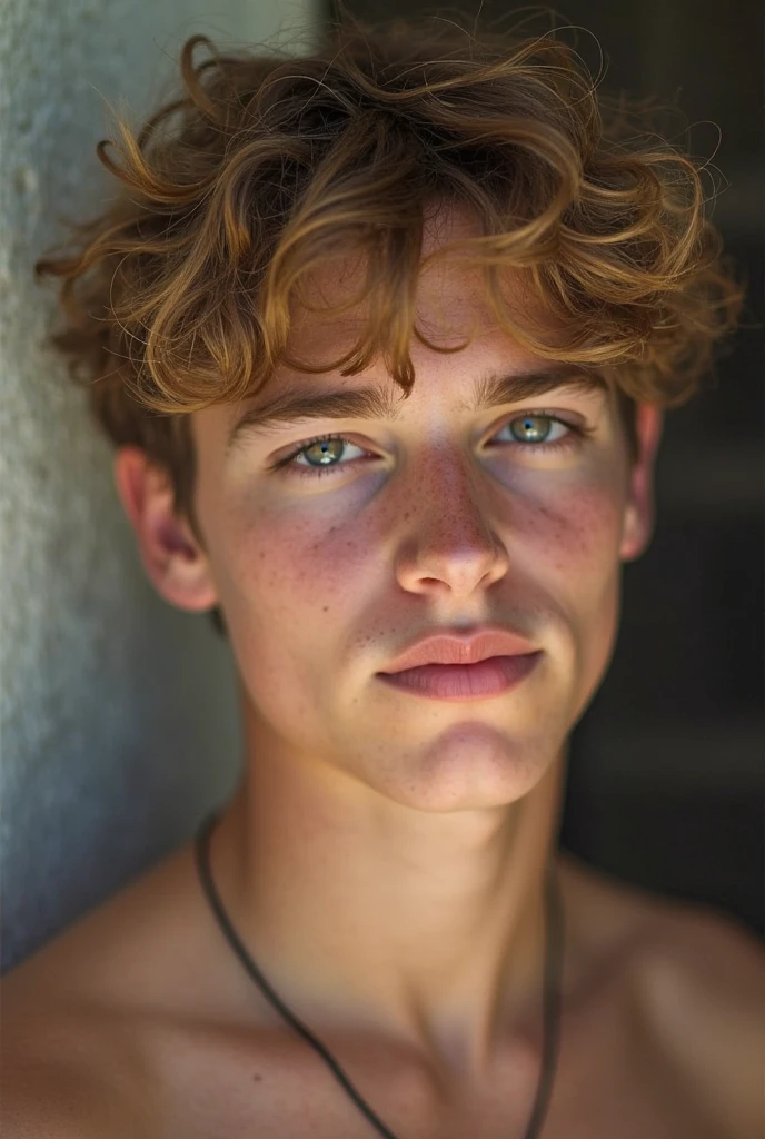A white muscular boy with large panis , blue eye curly hair