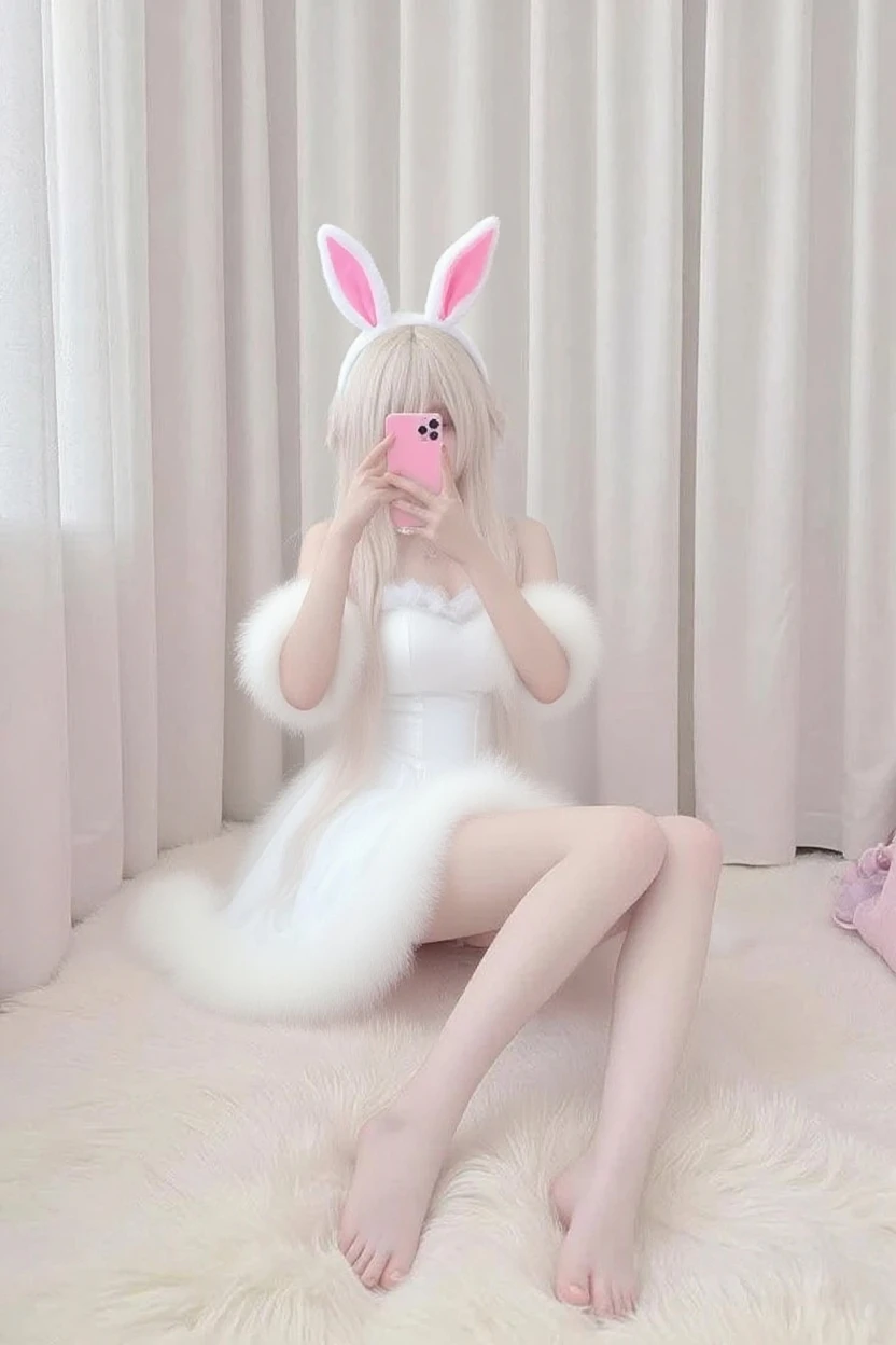 Woman in white tights and heels,young and cute girl, Wearing white tights,Sexy Girl, Lovely woman, pantyhose, 8K,top-quality、超A high resolution、女の子1人、(huge-breasted:1.2)、colourful hair, White leotard, Putting rabbit ears on the head,Photo,Live action,japanes,独奏,Beautiful expression,Embarrassed look,a smile,The background is the sea,Have one small white rabbit,Lying down