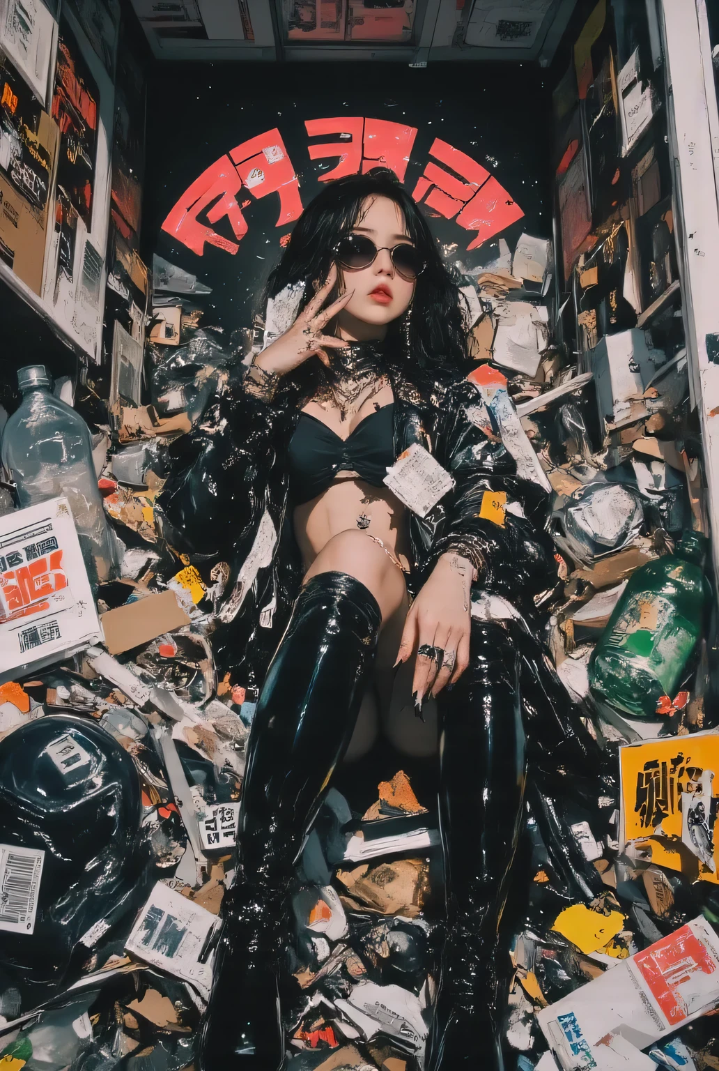 Chaotic trash house, Room filled with everyday rubbish, Remembering Death, pingtu style, illustration-fen, 狭い部屋で飲酒するwomanhood, mixed media work , の美しい日本ゴシックスタイル日本人womanhood,, Forehead sunglasses, Her anatomically correct fingers, At the bottom of the screen :1.8, Overlapped exposure , punk girl , womanhood" Listen to Me "シュール collage, a contemporary artistic collage, collage artwork, Entry Mind Map , OUTPUT PROCESSOR , Wavy Hair Under the Screen, 複数の要素が重なり合うデジタル collageスタイル, flat chest, digital collage, ( collage ), Large art, contemporary collage, Empty plastic bottle, Black Gothic Costume Style :1.5, mixed media collage, Ultra Realistic Avant-Garde Design, amazingly high definition , Lasurre style , convertible, Expressing the inner world of autism spectrum, Trash from a fragmented life, Countless everyday rubbish Crowded screen ,