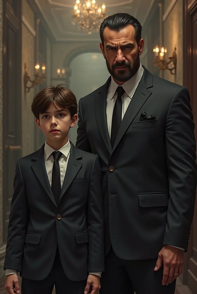 A 10 year old boy with brown hair, White skin, green eyes, and a 10-year-old girl with black hair are in front of a tall, thin man with a black cape.