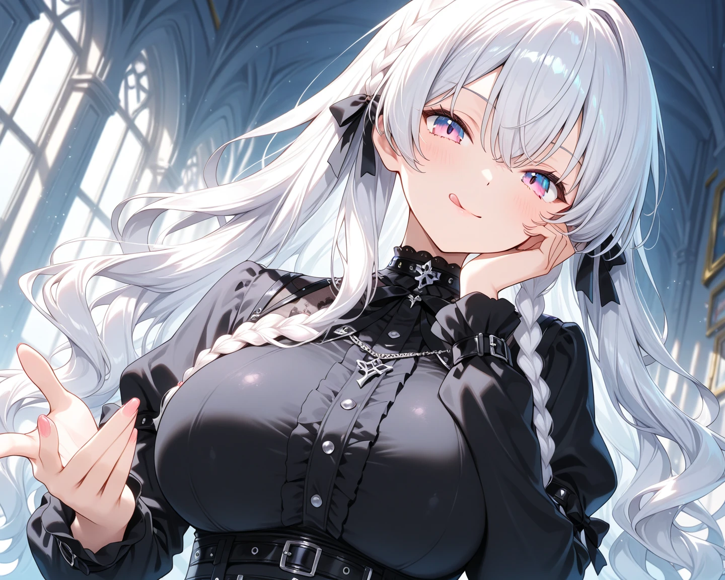 Masterpiece, huge, double tail, silver hair, gothic clothes, vintage gothic, pose, temple, cute, chain, face up, high quality, skeleton, jewelry, smile