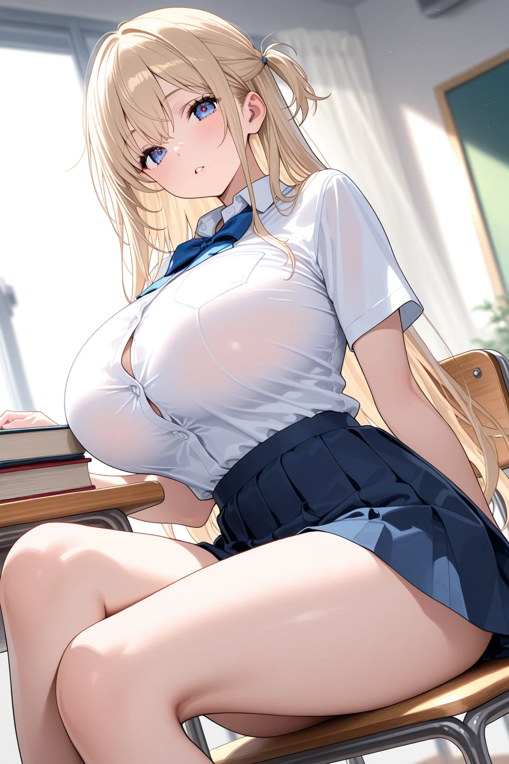 masterpiece, Highest quality, Very detailed, 16K, Ultra-high resolution, Cowboy Shot, 17 year old female, Detailed face, (blush:1.5), (smile:1.6), Big Breasts, blue eyes, Blonde, Natural curls, Navy Skirt, (Exposed nipples:1.5), Western-style building, Library, machine, sit