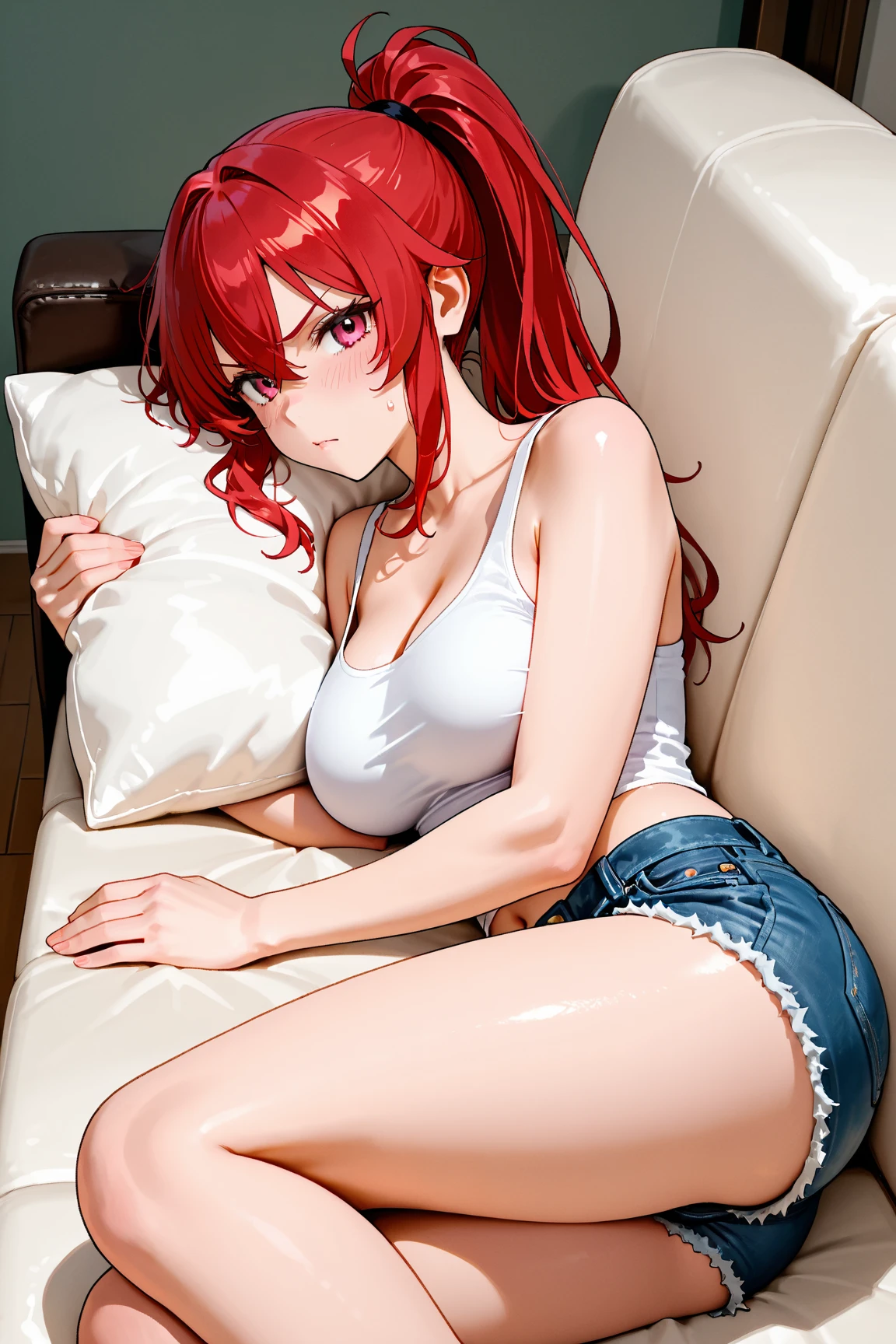Red hair，Red Eyes，Long hair，Double tail，blush，Li Xiuning（destiny）Large Breasts，Red Sling Bikini，Bedroom background，Denim shorts，camel toe, naked women,