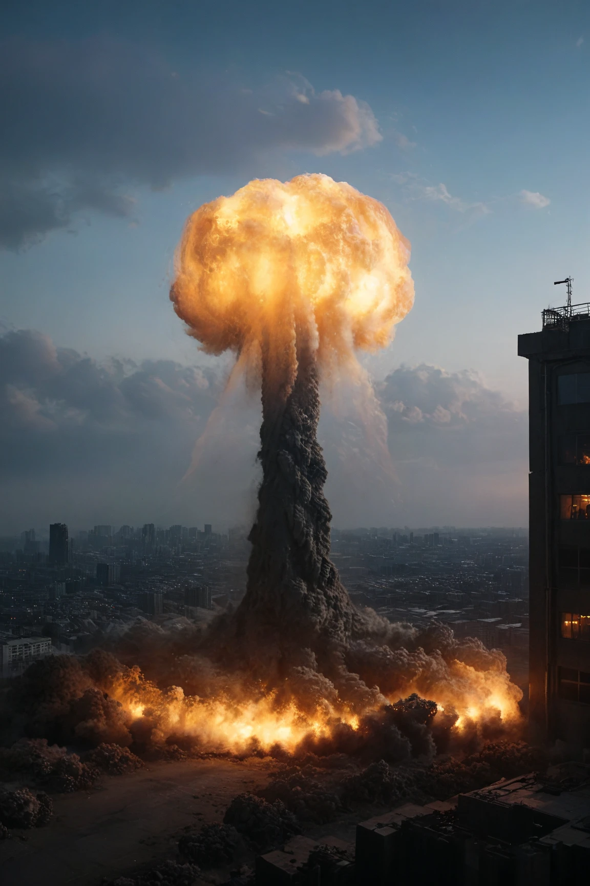 n6cl3ar 3xpl0s10n,nuxxx,Nuclear Explosion style,score_9, score_8_up, score_7_up, Ultra Detailed, realistic, giant monster , Godzilla-like creatures, howl to the sky, Huge Tail, Shining Dorsal Fins, Smoke and fire, Ruined cityscape , Collapsing Building, sent civilians far away into a panic, dramatic lighting, Stormy Sky, Cinematic Scale, Lightning Strike, Dust and debris, The glow of neon lights from destroyed transmission lines, post-apocalyptic atmosphere, Night view, the glow of neon lights from the sign, Intense atmosphere