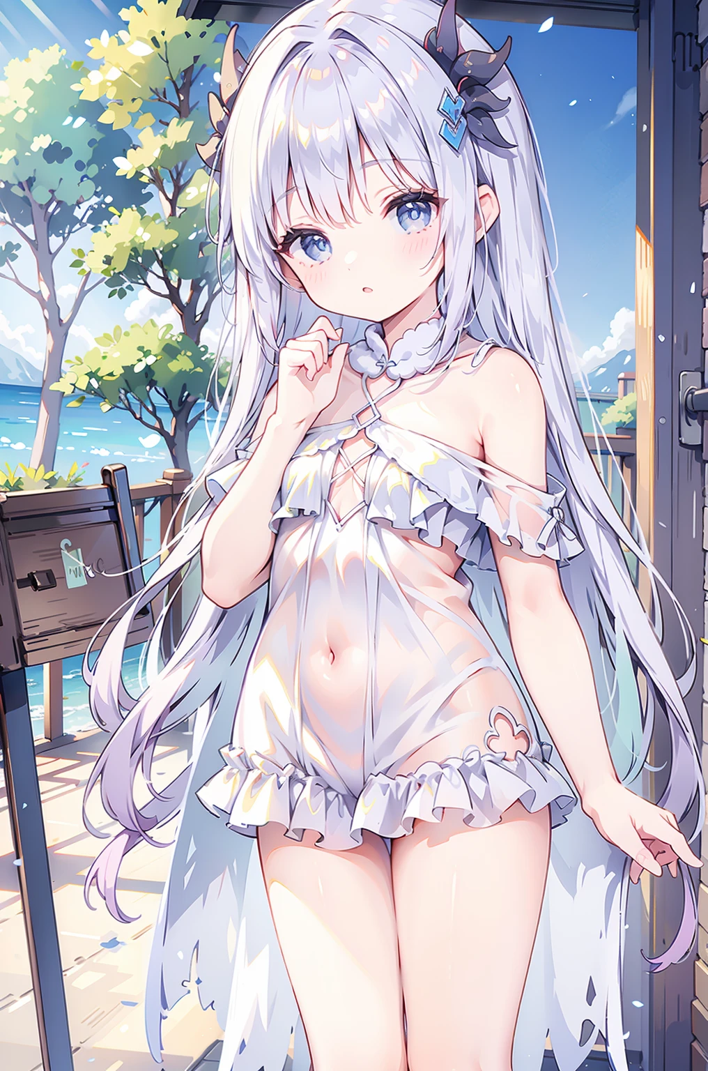masterpiece, best quality, nsfw, 
 1girl, view from below, 
 (lift up the white dress:1.4), white dress, (white panties:1.5), straw hat, silver hair, embarrassed face, 
 grassland,