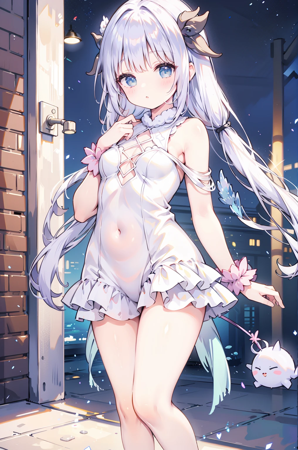 beautiful girl, naked,Cat ear,Long white hair,Light blue eyes,cute, young, small limbs, short fingers, Big Breasts, Embarrassed face, Big ribbon, Thin and light clothing, Princess Dress, Sheer white lace tights, Thin, sheer white tights,Smooth Skin,lift the perineum,Her cleavage is protruding ,(Spread your legs),(The hand details are perfect too.),(Wet),Squat,Wet,Sweat,tears,Pee
