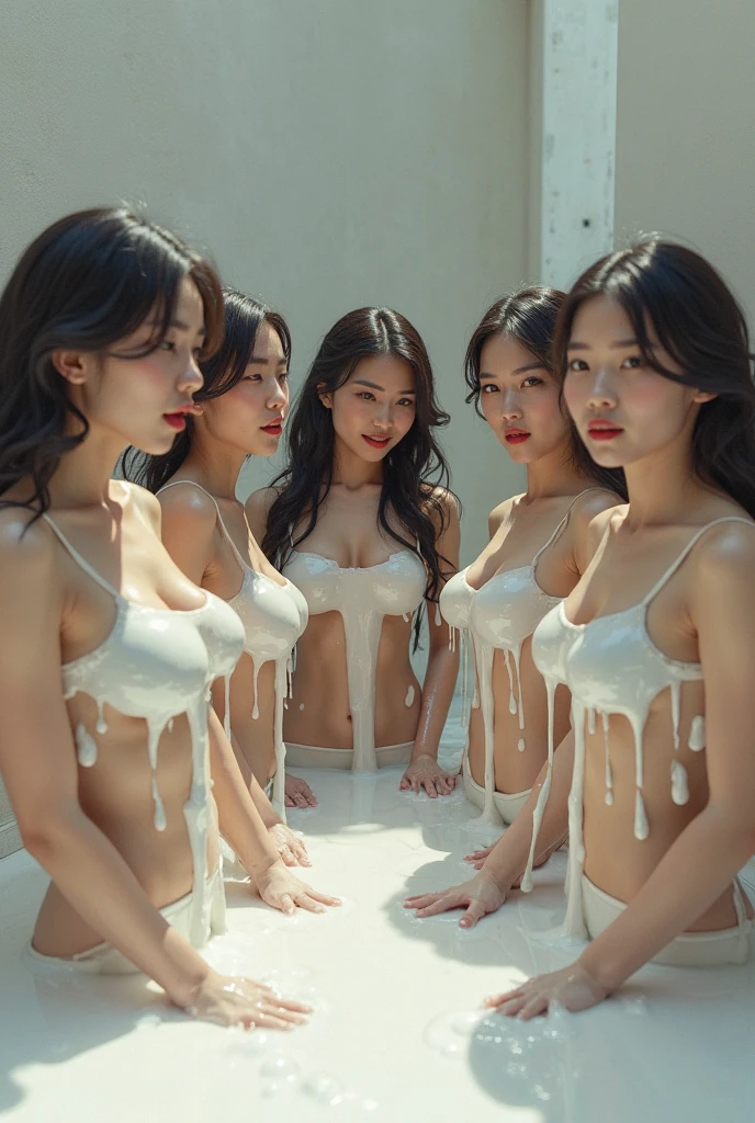 Hyper realistic, Ultra detailed, best quality, (a 3 Indonesian Mature Women), Green and purple long thick hair, white skin tone, voluptous body, huge full and round breast, white tanktop, ducking repairing shoe lace, showed panties.