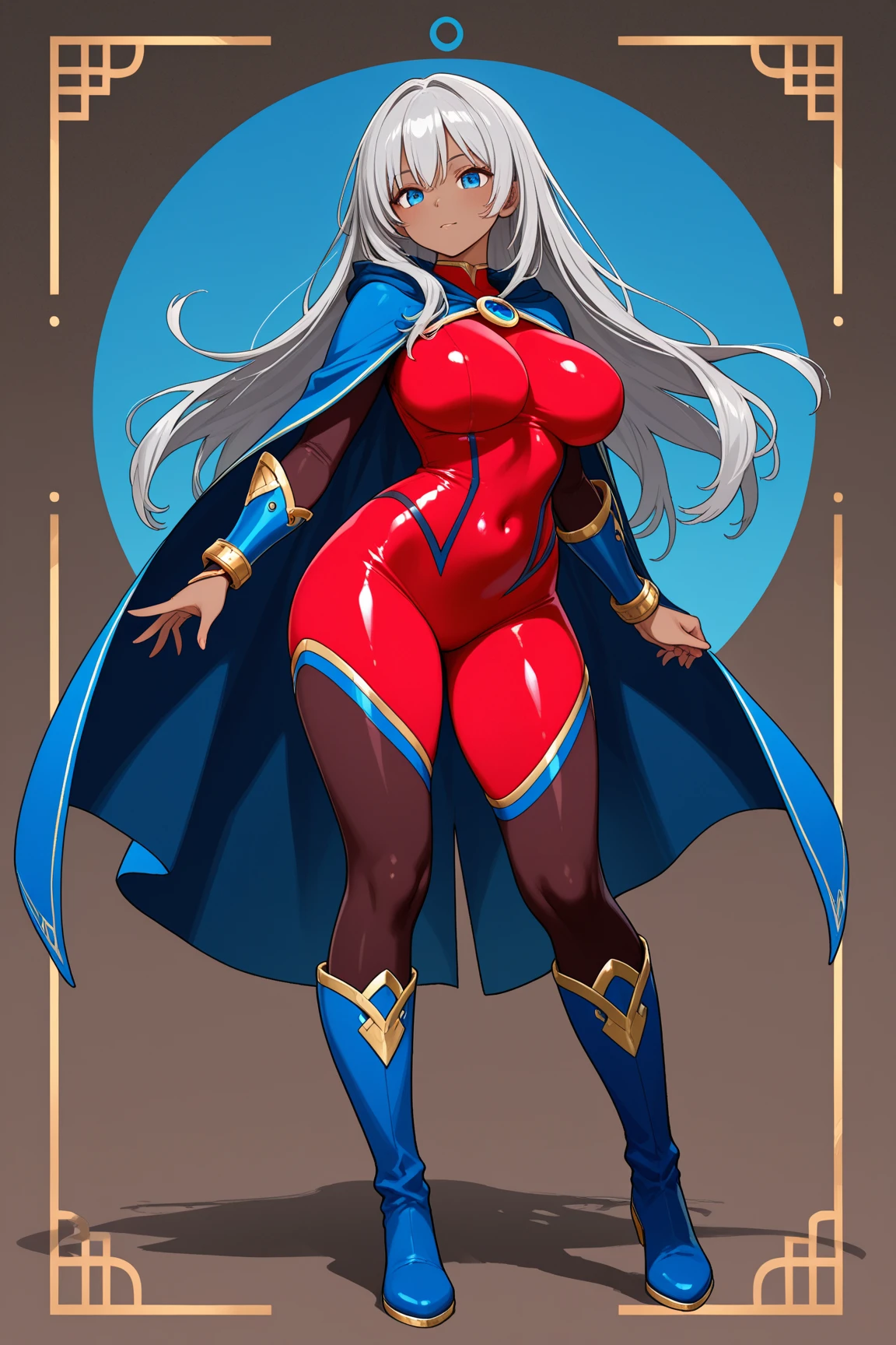 ((masterpiece, white background:1.2)) full body of a woman, standing feet together, extremely long hair, ponytail, perfect anatomy 1sologirl, tall slim thick ((muscular)) high elf toned body, silver breast plate, blue cape, slender abs, hourglass waist, detailed face, defined cheekbones, puffy lips, red gloves gauntlets, gold crown, shadow over eyes, looking at viewer view from below, white thigh highs lingerie