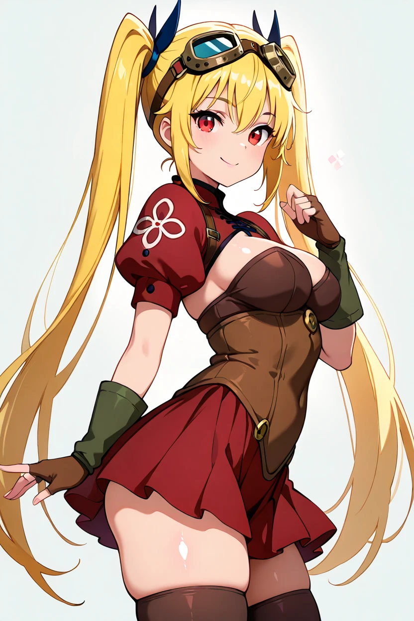 a woman with blonde hair, red shirt and shorts holds a baseball bat, 1girl, braid, long hair, shorts, solo, blonde hair, hat, breasts, blue eyes, red shorts, underwear, bra, black headwear, baseball cap, scarf, thigh strap, twin braids, looking at viewer, long sleeves, white shirt, shirt, holding, blush, thighs, bra peek, partially unbuttoned, bangs, weapon, short shorts, cleavage, red bra, medium breasts,Eiko Tsukimi, blue eyes, braid, twin braid, blonde hair, long hair