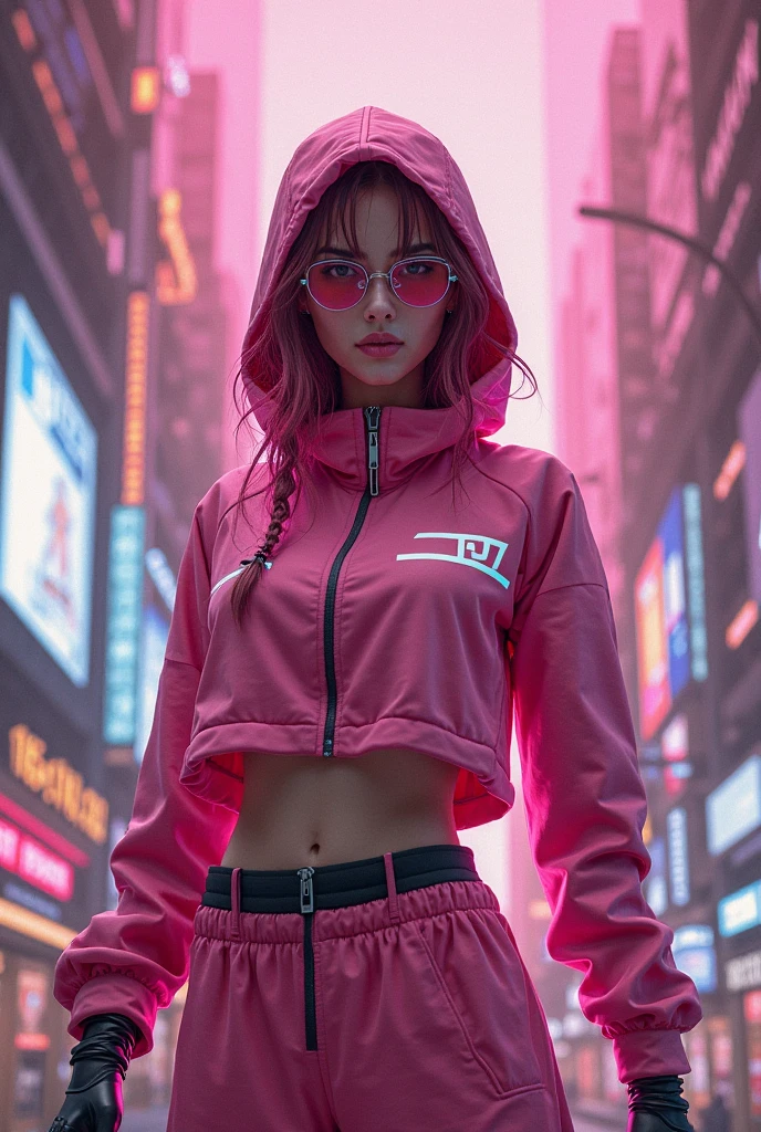 upper body, 1girl, loli, solo, Eye focus,Masterfully crafted Glow, pink lens flare, Cinematic background,colourful, hyper details, hdr, ultra detailed eyes, mature, plump, rainbow painting drops,(supermodel:1.3), indoors, (bioluminescent hair:1.1),(glowing eyes), ((makeup)), fierce, powerful, splashes of colour absolutely eye-catching, dynamic angle, beautiful detailed glow, ambient occlusion, ambient light, raytraced reflections, retro style, living arcade characters, arcade style world, gloves, jacket,weapon, shorts, black gloves, black jacket, drill hair, black shorts, eye wear on head, bubble blowing, chewing gum, (Cute face:1.3),