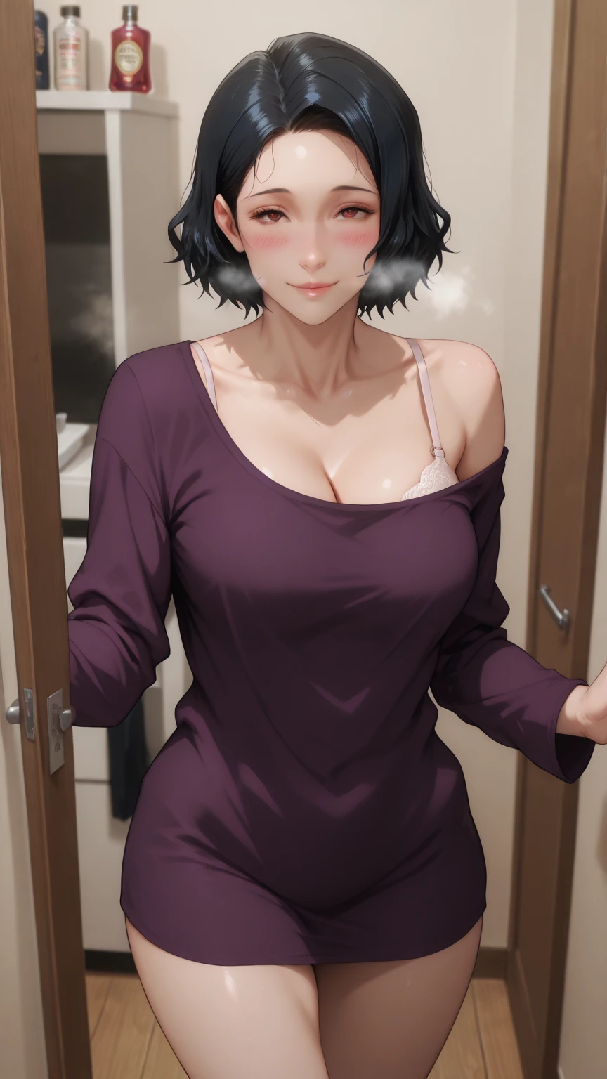 (best quality:1.3), (4k quality),(sharp image), Yoshino, ((Detailed face)), ((masterpiece face)),((perfect detailed eyes)) (blush), Yoshino, black hair, (short black hair), brown eyes, pink lips, pink lips, sly face, face with stern features, ((detailed face)), perfect face, highly detailed eyes, ((adult face)), masterpiece, absurdres , (intricate details), (colorful),cinematic lighting, extremely detailed CG unity 8k wallpaper , 1girl, solo, mature female, erected tits, fit body, cameltoe, red t-shirt, tight blue jeans with belt, at the kitchen, ((perfect erected small breast)), fit slim body, standing in seductive pose