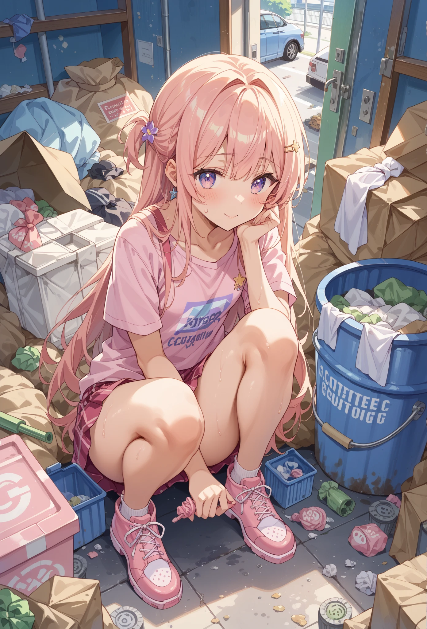 (8K、Highest image quality、highest quality、masterpiece)、detailed face、((1 baby girl))、mesugaki、blue green髪、long hair hair、twintails、blunt bangs、blue green目、evil smile、((grin))、steam、((small breasts))、((white camisole))、((denim short shorts))、standing footjob、POV、((1boy))、((penis))、Gym storeroom、((nsfw))